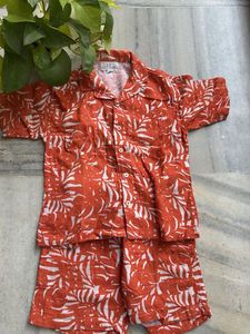 Orange Leaf Print Shirt & Shorts Set