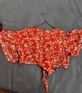 Red Floral Tie-Front Crop Top
