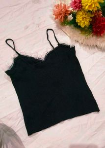 Ribbed Lace Trim Crop Top