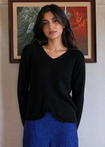 Black Ribbed V-Neck Sweater