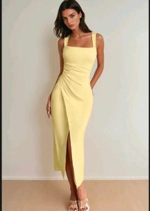 yellow draped square neck dress