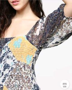 Chic Smocked Patchwork Print Square Neck Top
