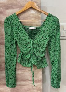 Green Floral Ruched Crop Top
