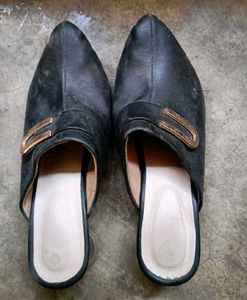 Black Pointed Toe Mules with Buckle Accent