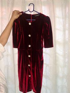 Red Velvet Button-Up Dress