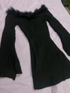 Black Fur Trimmed Bell Sleeve Top
