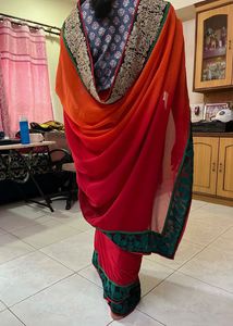 Vibrant Orange &amp; Red Embroidered Saree🍑