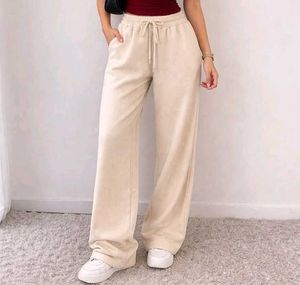Beige Wide-Leg Drawstring Pants