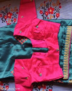 Teal &amp; Pink Embroidered Saree