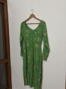 Elegant Green Kurta set with Gold Floral Print