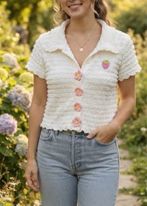 White Textured Crop Top with Flower Details