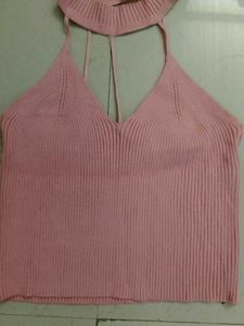 Pink Ribbed Halter Neck Crop Top