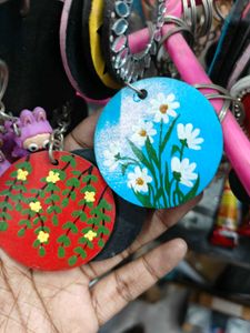 Hand-painted Floral Wooden Keychain