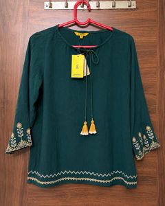 Global Desi Green Embroidered Viscose Top – Size S