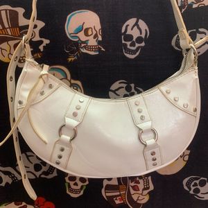 White Faux Leather Crescent Shoulder Bag Y2K Style
