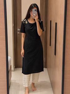Elegant Black Kurti with Embroidered Neckline