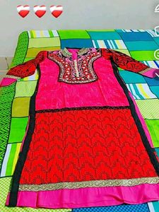 Embroidered Pink &amp; Red Kurti