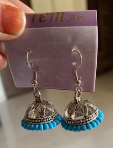 Oxidised Silver Jhumki Earrings with Blue Bead