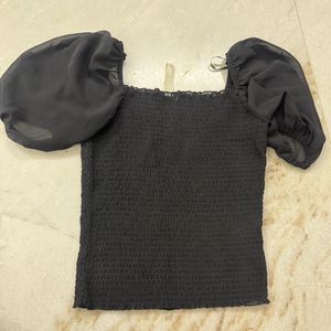 Black Smocked Puff Sleeve Top