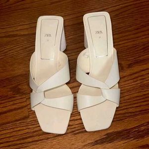 Zara White Block Heels Mules
