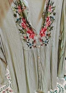 Beautiful Crushed Pista Green Embroidery Shirt