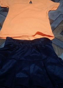Cute Baby Girl Orange T-Shirt &amp; Navy Skirt Set