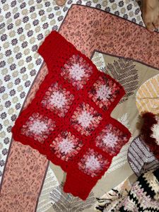 Handmade Crochet Red Floral Poncho Top winters