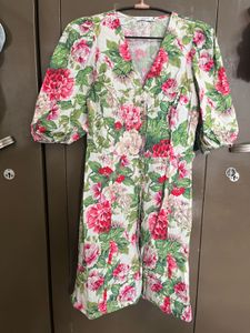 Floral Print Puff Sleeve V-Neck Dress