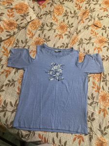Blue Cold Shoulder Top with Floral Embroidery