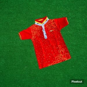 Vibrant Red Boys Polo Shirt with Geometric Print