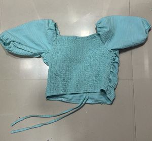 Aqua Ruched Puff Sleeve Top