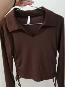 Brown Collared Long Sleeve Top