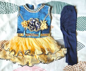 Cute Denim & Yellow Frock with Leggings