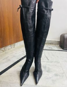Italian Black Leather Pencil Over-the-Knee Boots