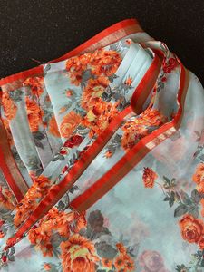 Light Blue Floral Print Saree no blouse