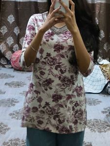 Floral Print Kurta with Embellished Neckline