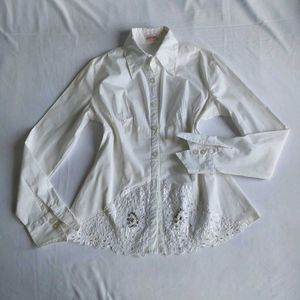 Elegant White Button-Down Shirt with Lace D