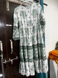 Boho Chic White &amp; Green Print Dress