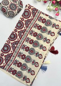 Stylish Ajrakh Mirror Work Saree
