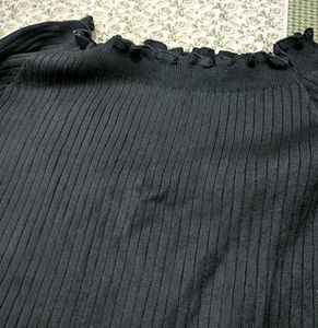Black Ribbed Off-Shoulder Top