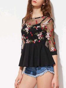 Black Embroidered Mesh Sleeve Top