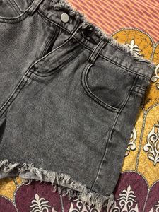 Grey Frayed Denim Shorts