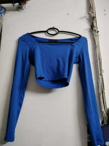 Blue Square Neck Long Sleeve Cropped Top