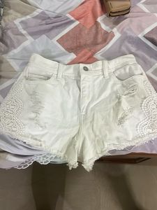 White Lace Detail Ripped Denim Shorts