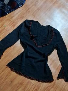 Black Long Sleeve Top with Ruffle Trim