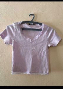 Cropped Ribbed Top with Lace Trim