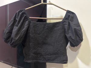 Black Puff Sleeve Crop Top with Rhinestones