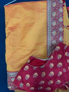 Elegant Yellow Saree with Red Blouse