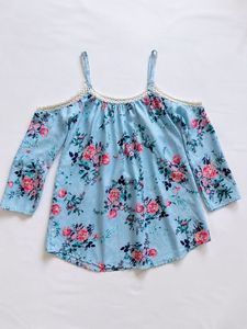 Blue Floral Cold Shoulder Top