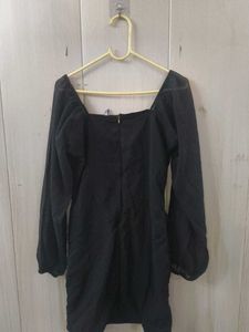 Black Ruched Square Neck Dress